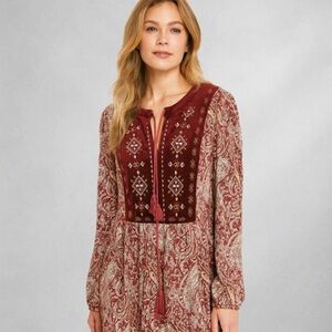 Kori America Womens Blouse M Boho Embroidered Paisley Velvet Panel Burgundy